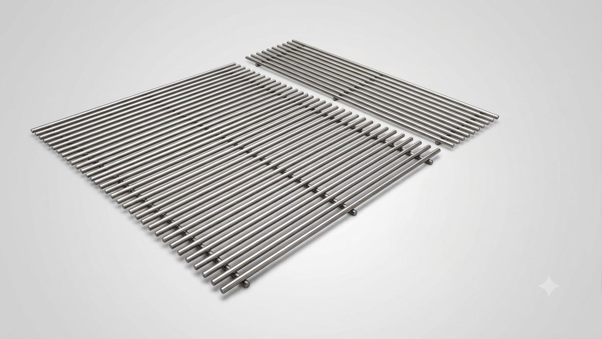 Close-up of TIG-welded 3/8-inch solid stainless steel cook grate bars
