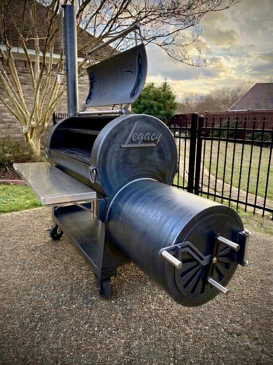 Legacy BBQ Pits 94-gallon custom offset smoker in heavy 1/4-inch steel, hand-built in Brandon, MS